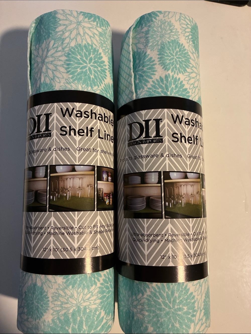 Design Imports Aqua Dahlia Reversible Machine Washable Shelf Liner 12x10ft